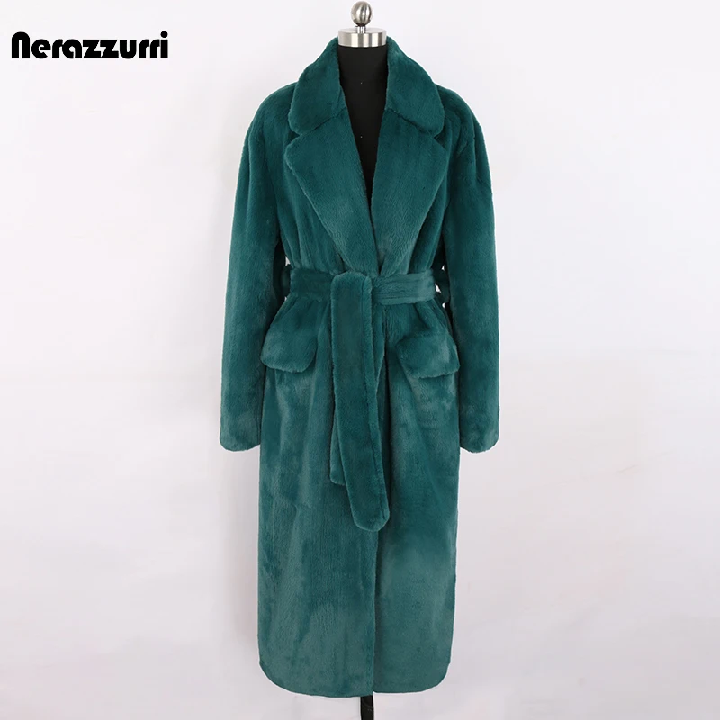 Nerazzurri Winter Lange Grün Warm Weiche Lose Flauschigen Faux Pelz Mantel Frauen Gürtel Revers Elegante Luxus Designer Koreanische Mode 2021 Image