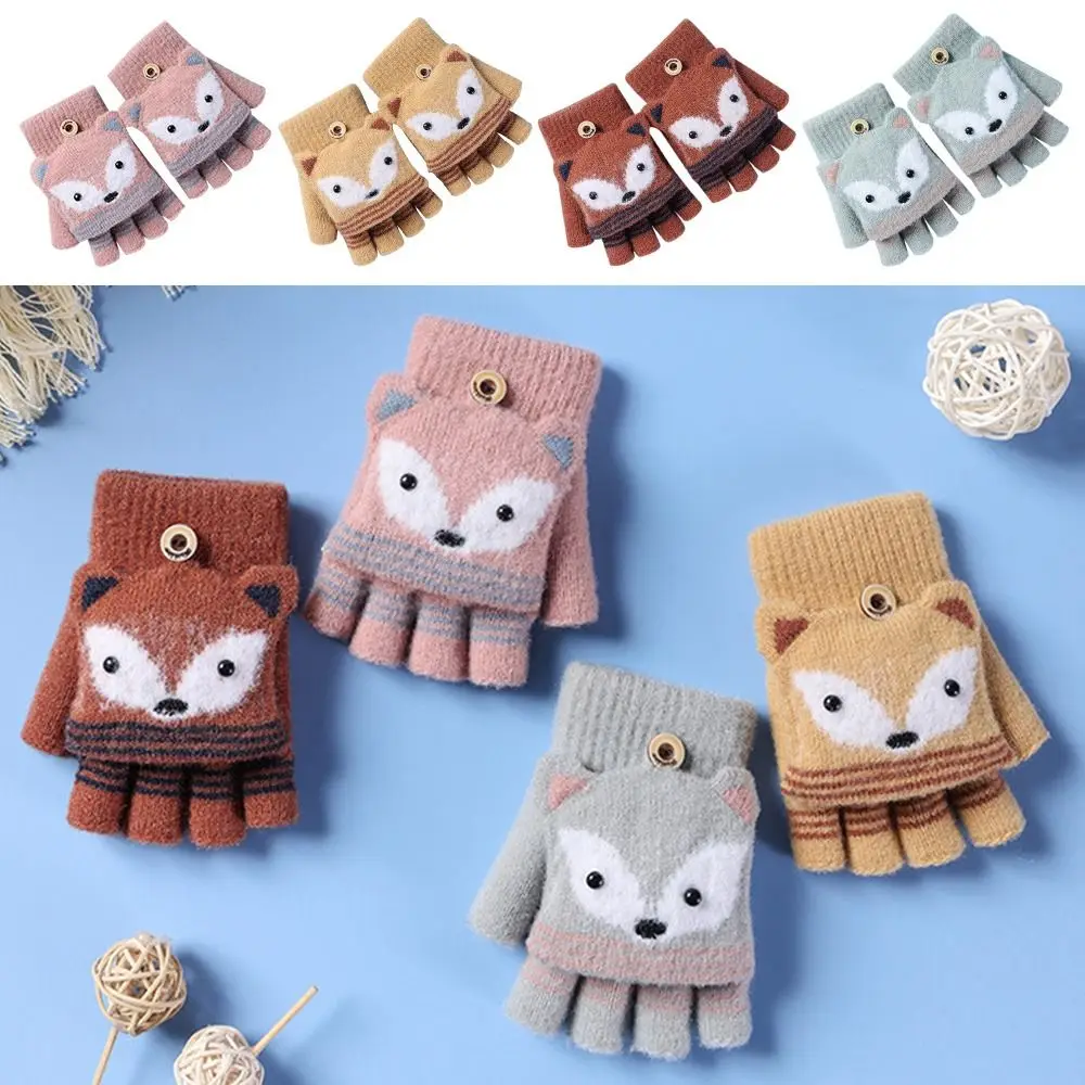 Herbst Winter Kinder Gestrickte Handschuhe Flip Fingerlose Handschuhe Niedlichen Cartoon Fuchs Warme Halbfinger Handschuhe Image