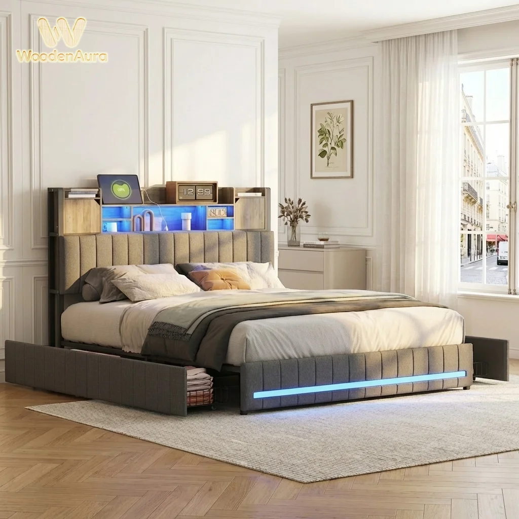 WoodenAura 140x190cm großes Polster-Doppelbett mit 4 Schubladen, Stauraum im Kopfteil, LED-Beleuchtung + USB-Anschluss, Leinenstoff, grau Image