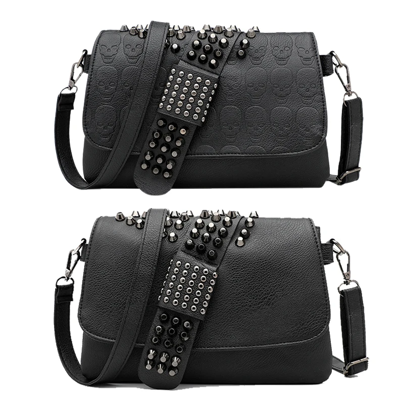 SHELKSBAG Umhängetasche für Damen, schwarz, modisch, mit Nieten besetzt, Umhängetaschen, Punk, Gothic, PU-Leder, Nieten, kleine Geldbörsen, Handtaschen
