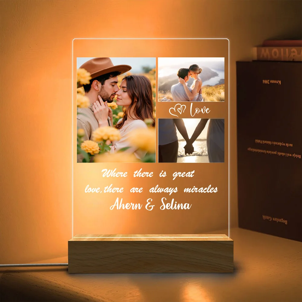 1PC individuelles Foto und Text Holzsockel Acryl-Nachtlicht, LED-Nachtlicht mit warmem Licht, Valentinstag/Hochzeit/Geburtstagsgeschenk