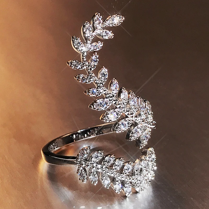 Huitan Anmutige Blätter Beide Ende der Offenen Ring Silber Farbe Mädchen Cocktail Party Ringe Glanz Kristall Zirkon Mode Frauen Schmuck