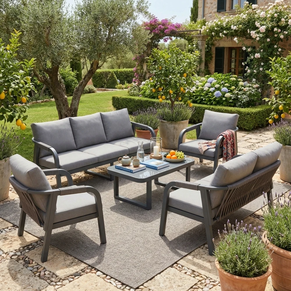 Garten-Lounge-Set, für 7 Personen, 3-Sitzer-Sofa, 2-Sitzer-Sofa, 2 Sessel und 1 Couchtisch, Gestell aus verzinktem Eisen