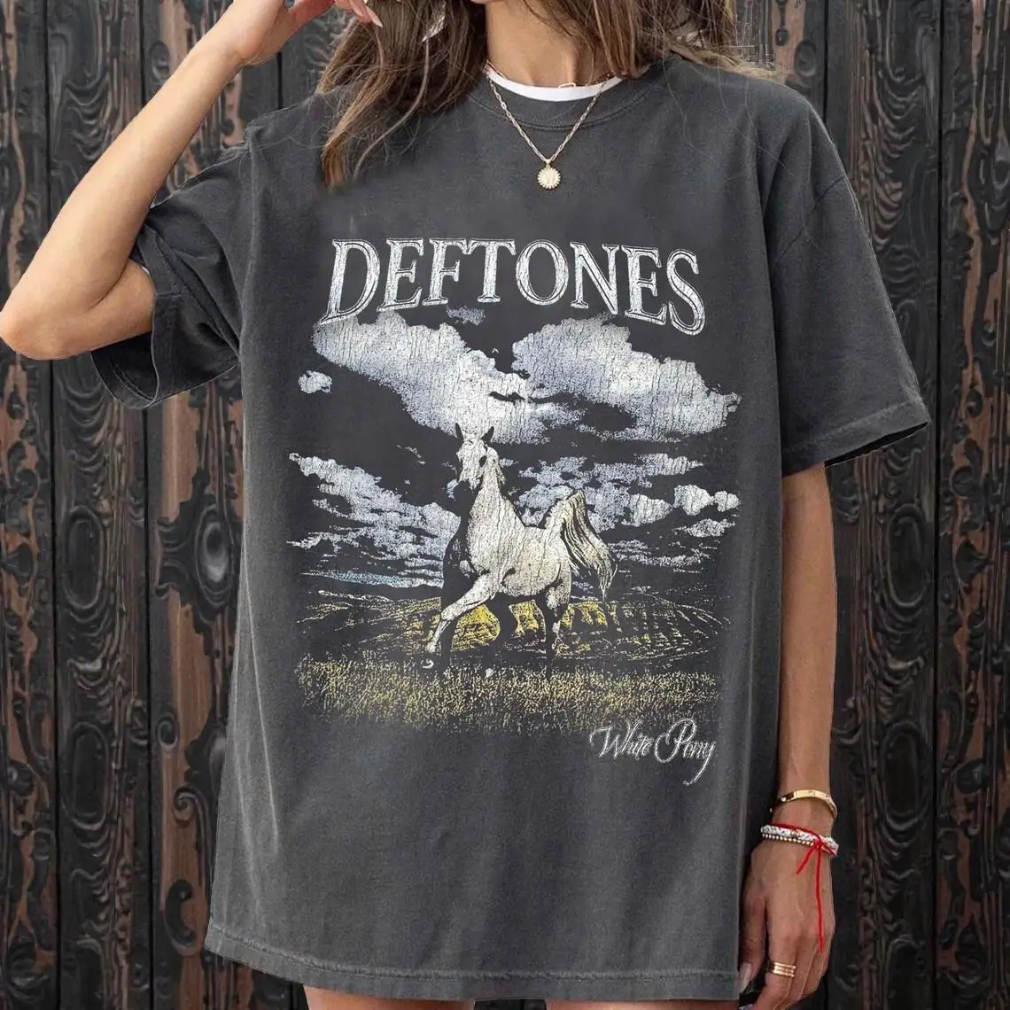 Übergröße Sommer Damen Vintage Deftones Weißes Pony T-Shirt aus Baumwolle, Atmungsaktiv, Stylisch, Vielseitig, Street-Style, Oversized