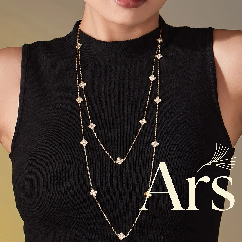 Ars 80 cm lange Halskette aus Edelstahl für Damen, 18 Karat vergoldet, eingelegte Zirkon-Blumen-Halsketten, Pulloverketten für den täglichen Gebrauch Image