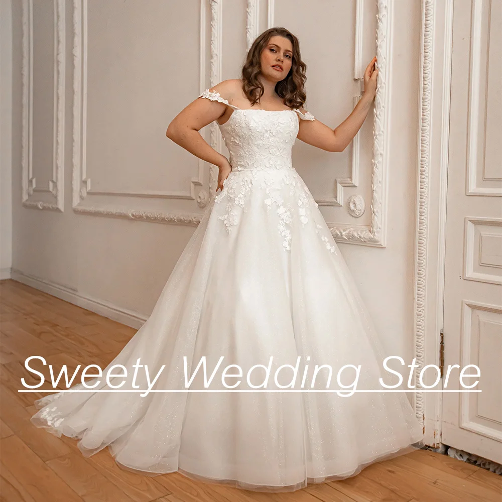 Elfenbein Brautkleid plus Größe elegant von der Schulter Boot Hals Applikation Sweep Zug eine Linie Glitzer Tüll Frau Brautkleid