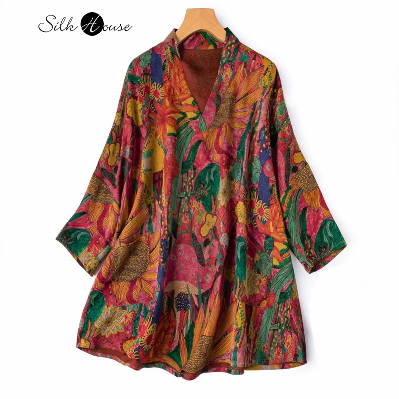 T-shirt Plus Size in Seta di Gelso 100% Naturale Traspirante Stile Esotico con Scollo a V, Maniche Cadenti e Tasche Retrò in Filato Fragrant Cloud