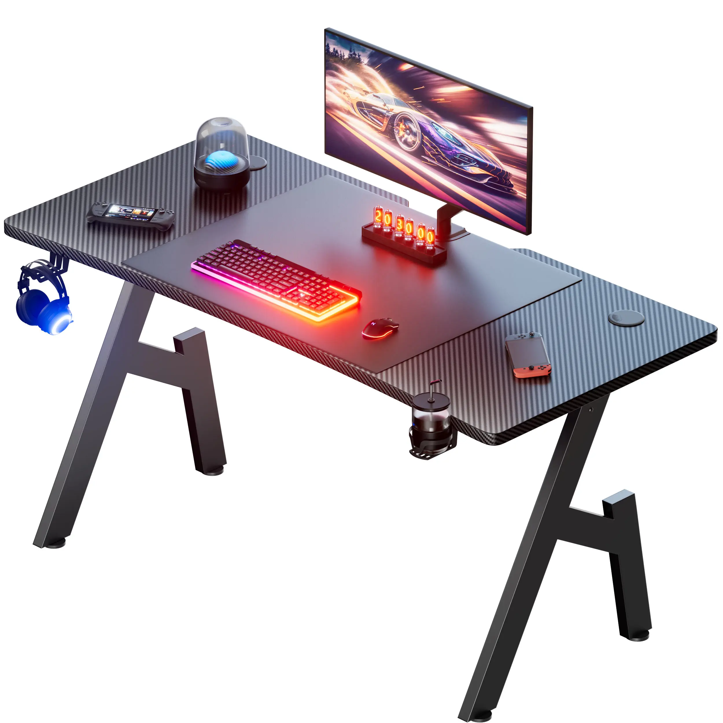 80/100/120/140cm Gaming-Schreibtisch, A-förmiger Bürotisch mit Getränkehalter und Kopfhörerablage, Moderner Carbon-Faser Gamer-Tisch für Zuhause und Büro