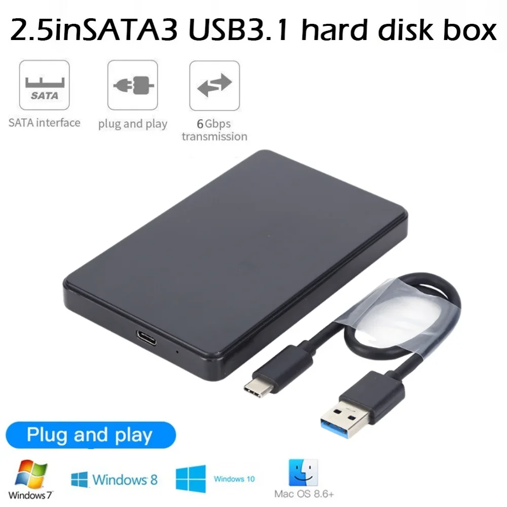2,5'' SATA USB3.1 Festplattengehäuse Treiberlos mit USB3.0 zu Typ-C Kabel 6Gbps Festplatten-Plug-and-Play für SATA 1/2/3 HDD oder SSD Image