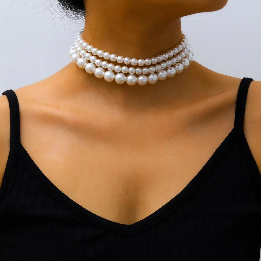 Mehrschichtige weiße Imitationsperlen-Halskette, Perlenkette, Punk-Damen, Hochzeit, kurze Schlüsselbein-Halskette, Mädchen-Charm, Bankett-Schmuck