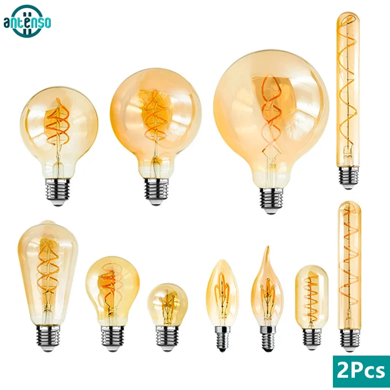 2 Stücke LED Edison Glühbirne E14 E27 4 Watt 220 V Retro Glühlampe C35 ST64 G80 G95 G125 Warm Gelb Wohnzimmer und Schlafzimmer Licht Image