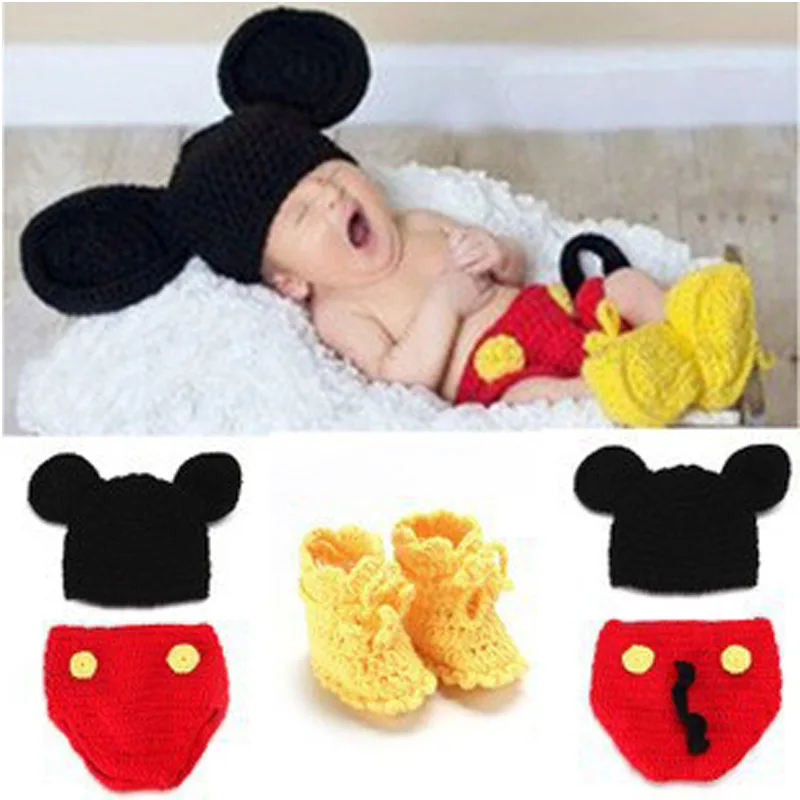 3 Teile/satz Tier Baby Häkeln Neugeborenen Fotografie Requisiten Handgemachte Stricken Mickey Kostüm Outfit Baby Chrismas Halloween Geschenk Image