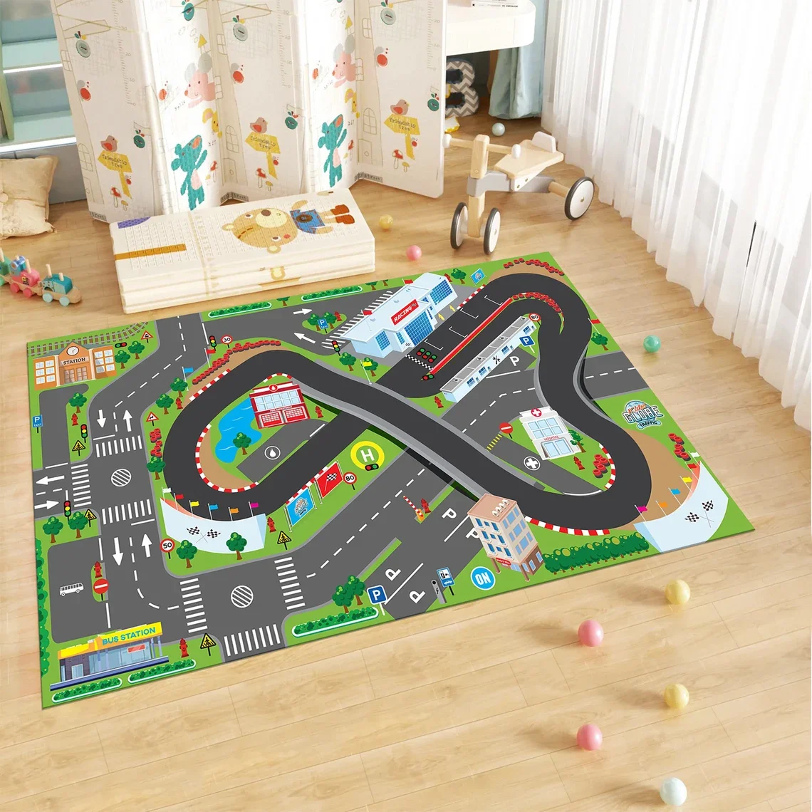Rennstrecke-Teppich, Rennkarten-Teppich, F1-Teppich, Kinderteppich, bunter Teppich, Spiel-Kinderzimmer-Teppich, Spielbereich, Teppich, Kinderzimmer-Dekoration, Geschenk für Kinder