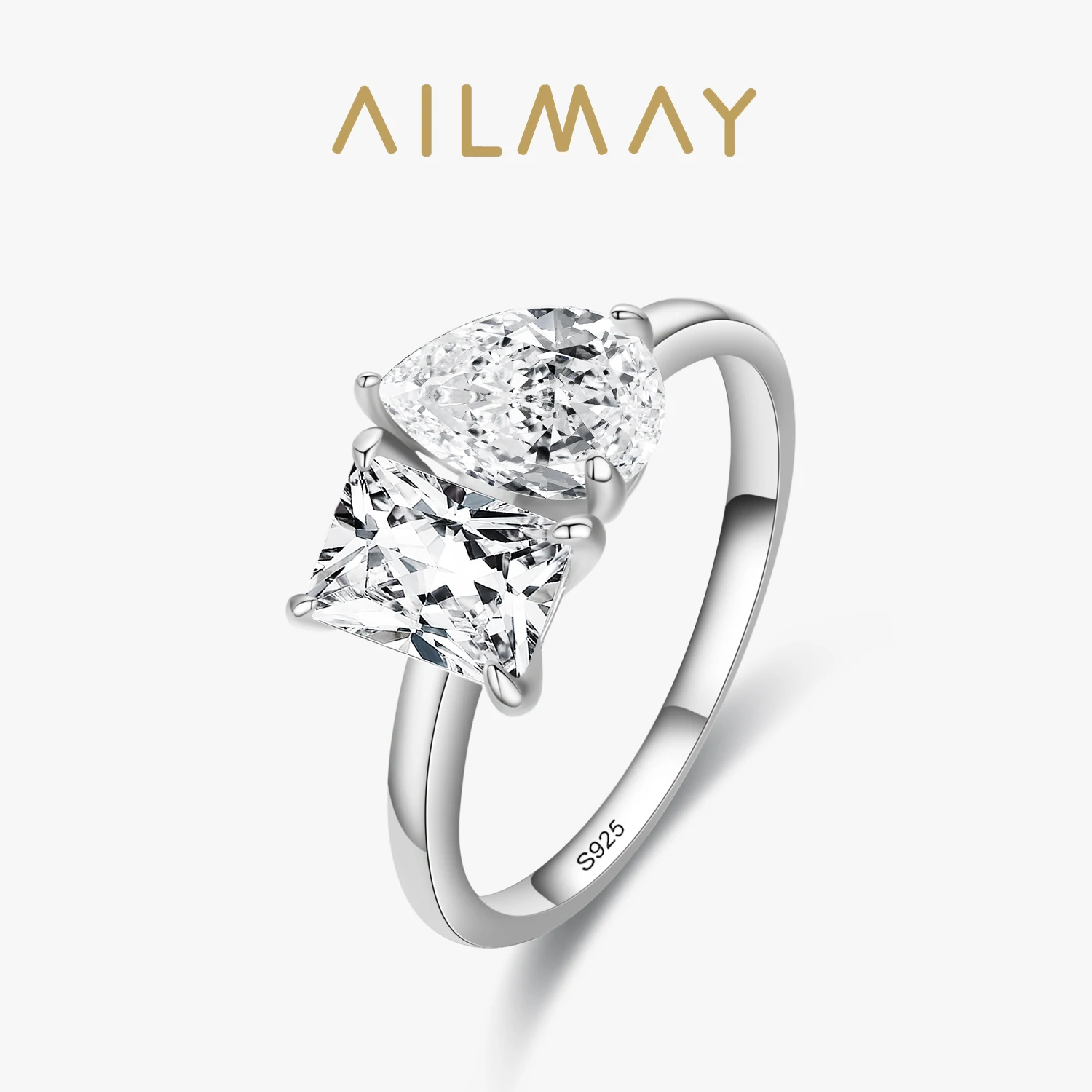Ailmay Echtes 925 Sterling Silber Fashionc Dazzling CZ Quadratische Und Tropfen Form Ringe Für Frauen Luxus Hochzeit Zubehör Schmuck Image