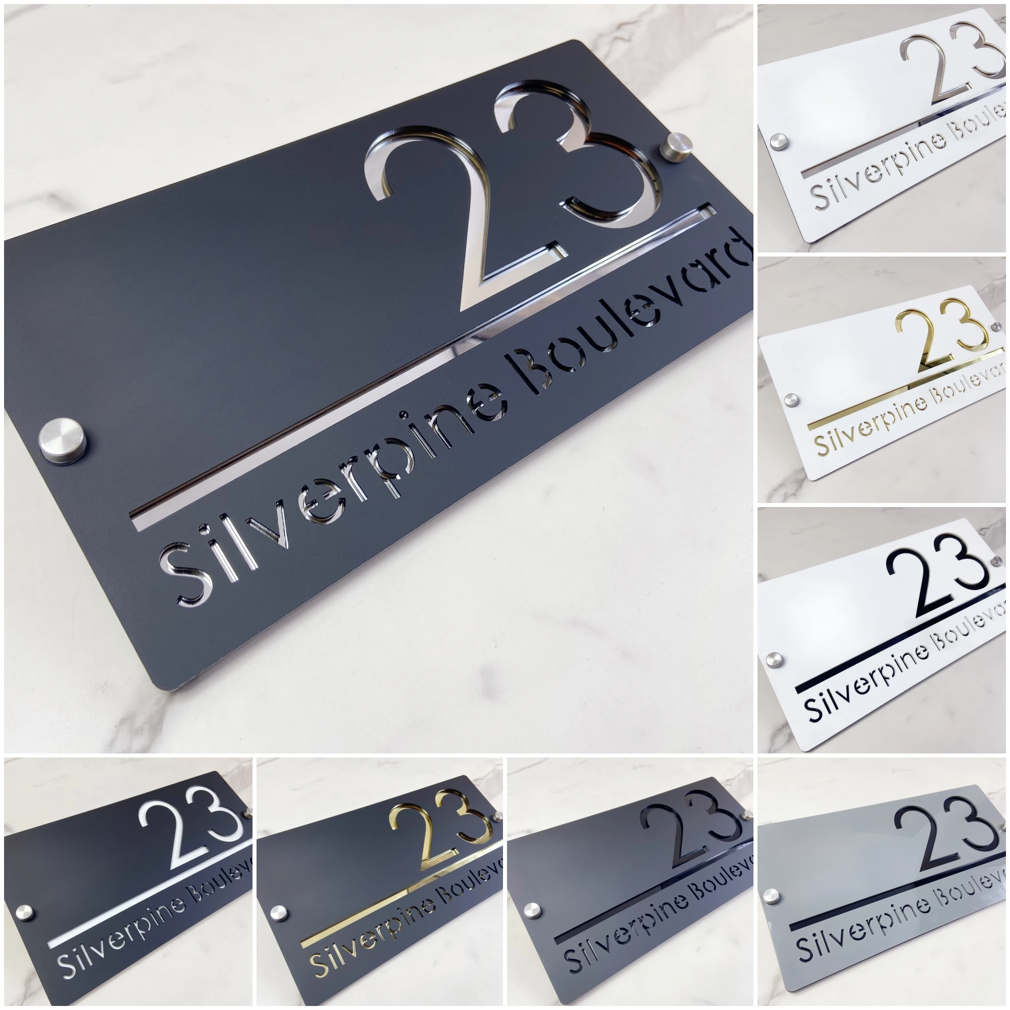 Personalisiertes Schwarz-Weiß- und Grau verfügbares Hausnummernschild für den Außenbereich, individuelles modernes Laser-3D-Acryl-Außenhaus-Wandschild Image