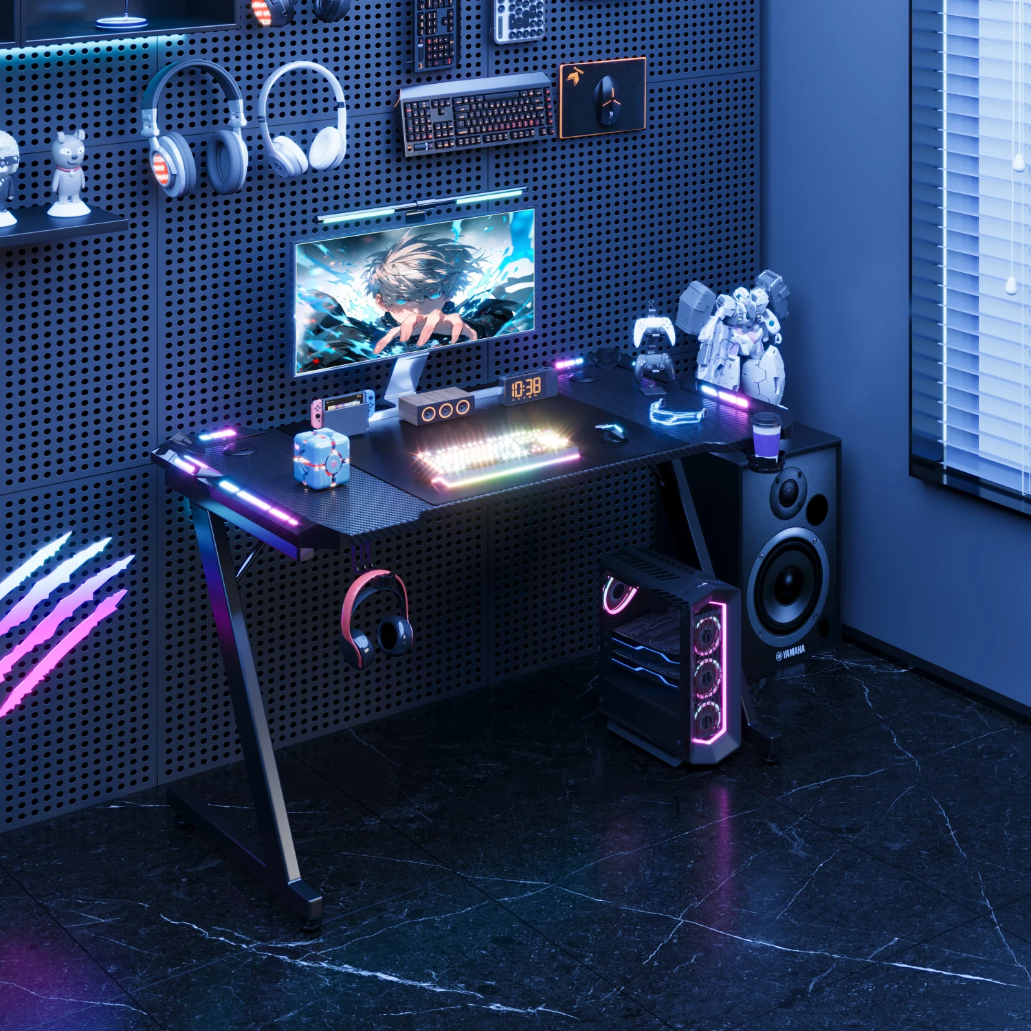 Devoko Gaming Tisch mit LED 120x60 cm, Gaming Schreibtisch Z-Frame, Ergonomischer Gamer PC Tisch mit Getränkehalter