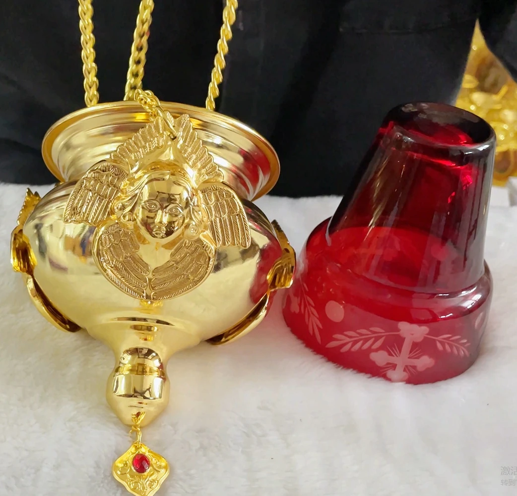 HTISOK Kirche Vigil Öllampe mit Kette, Zinklegierung, hängende Öllampe, rotes Glas, Tasse, Dochtständer, Familie, Gebet, Eckornament