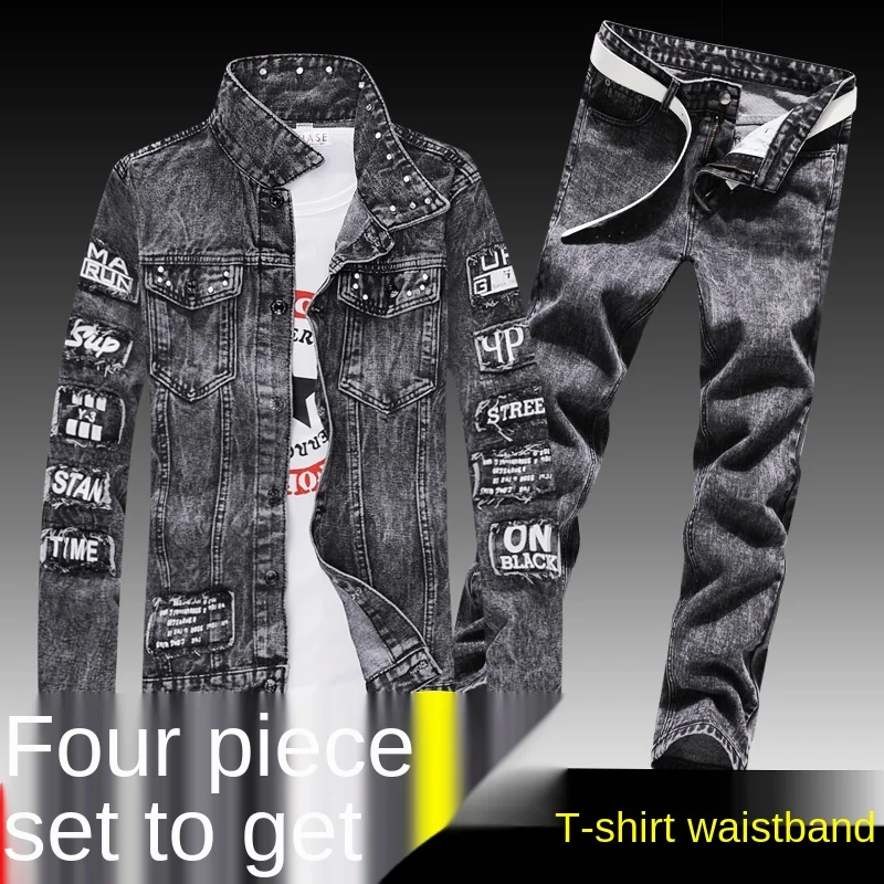 Männer Denim Jacke Jeans Hosen Buchstaben Druck Lange Mantel Hosen 3 Pcs Set Casual Einreiher Image