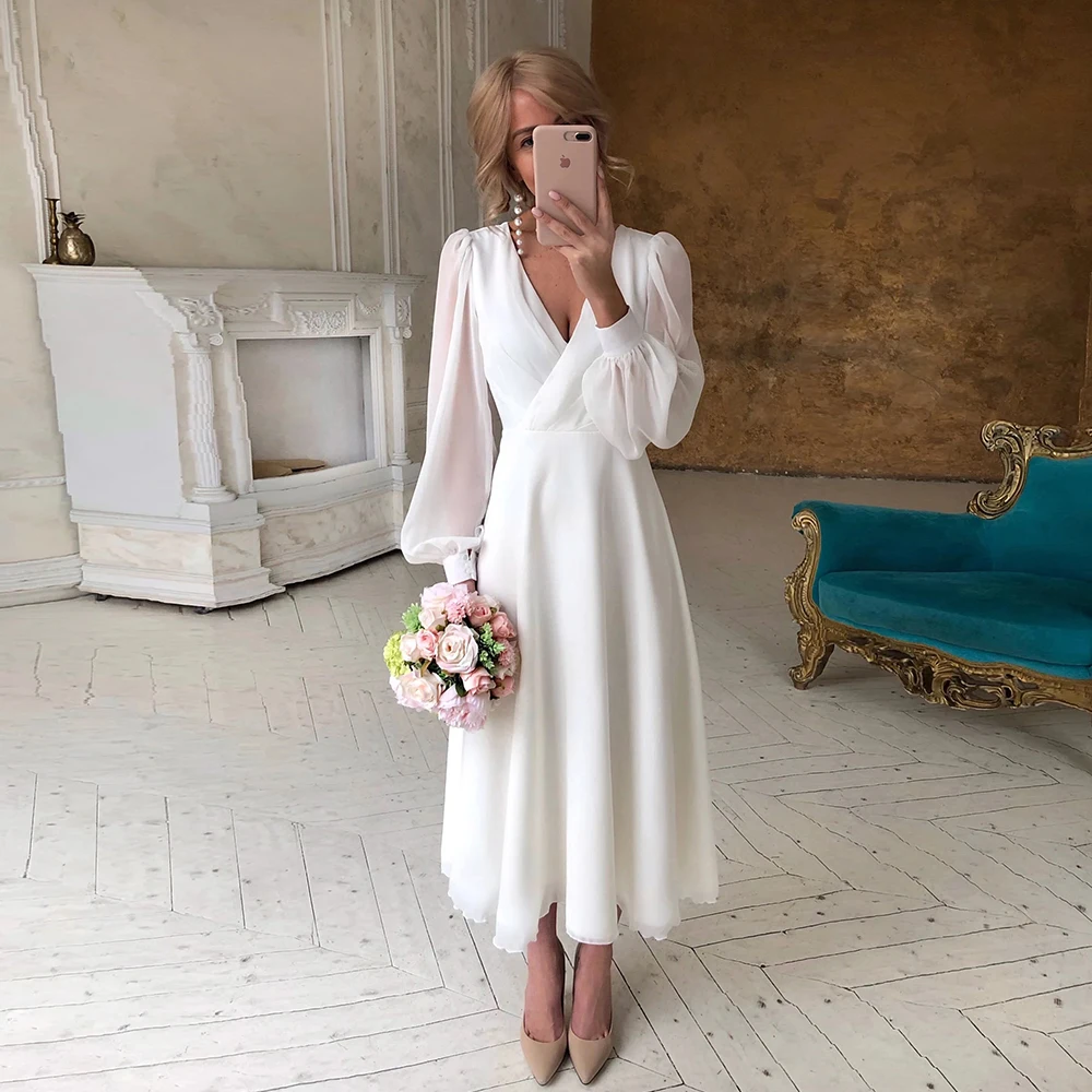 Chiffon Brautkleider für Frauen 2023 V-Ausschnitt lange Ärmel einfache Brautkleider A-Linie formelle Anlass Kleider Vestidos de Novia Image
