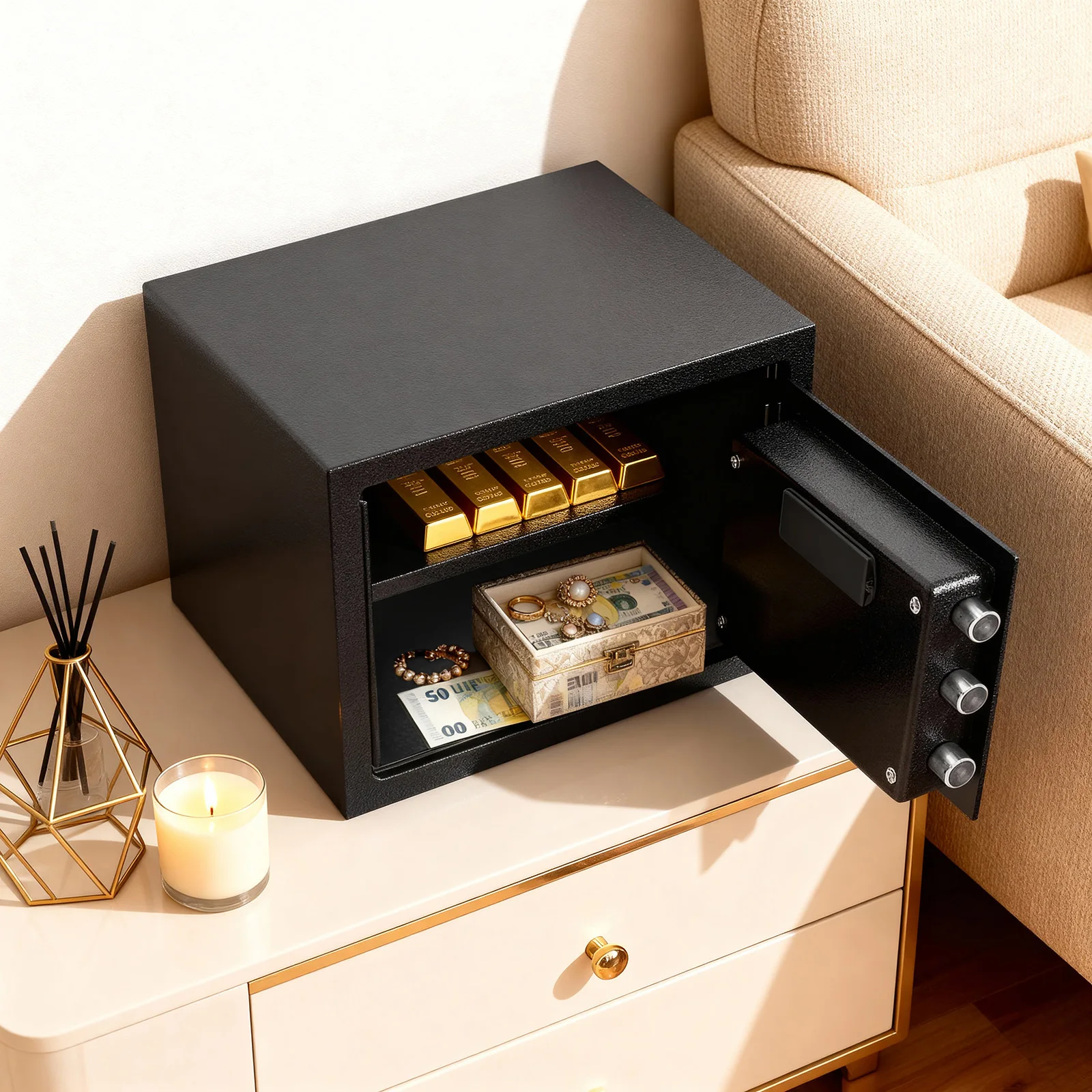 22 L/4,84 Gal Safe 35 * 25 * 25 cm, Doppelverriegelungs-Design-Safe mit abnehmbarem Regal, Echtzeit-LED-Anzeige, für Schlafzimmerschränke