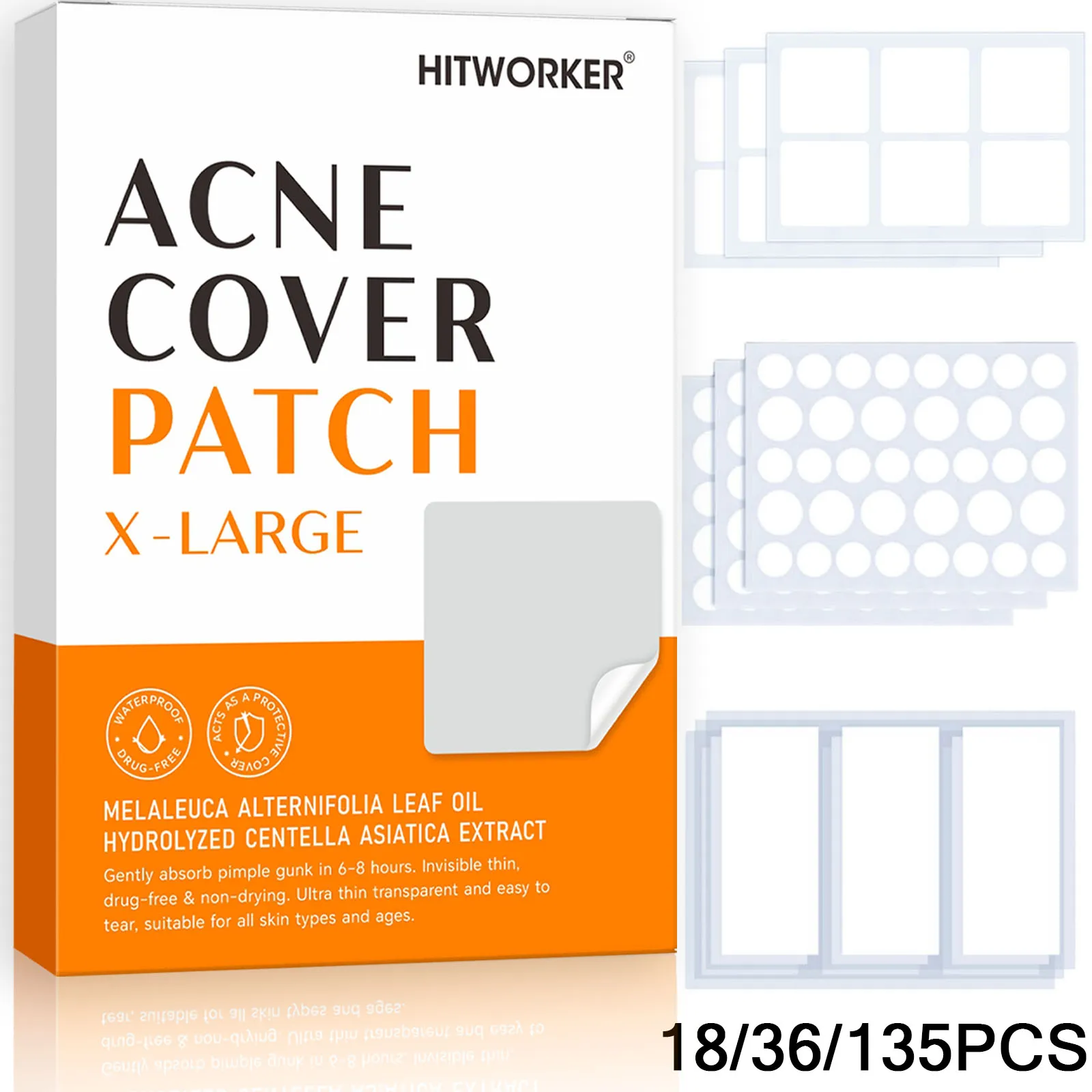 1 Packung mit 18/36/135 Hydrokolloid-Akne-Pflastern, alkoholfrei, sanft und nicht reizend, Pickelabdeckpflaster Image