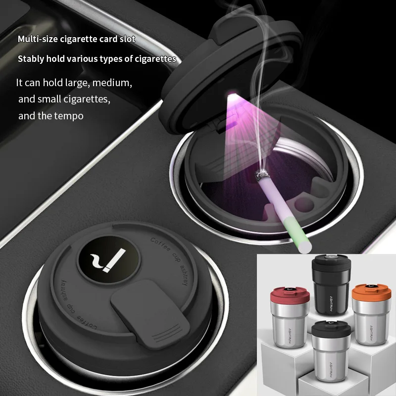 Auto-Aschenbecher, Metallfutter und ABS-Gehäuse, 7-farbiges LED-Licht, One-Click-Öffnung, Push-Typ, spritzwassergeschützter Auto-Aschenbecher im Kaffeetassen-Stil Image