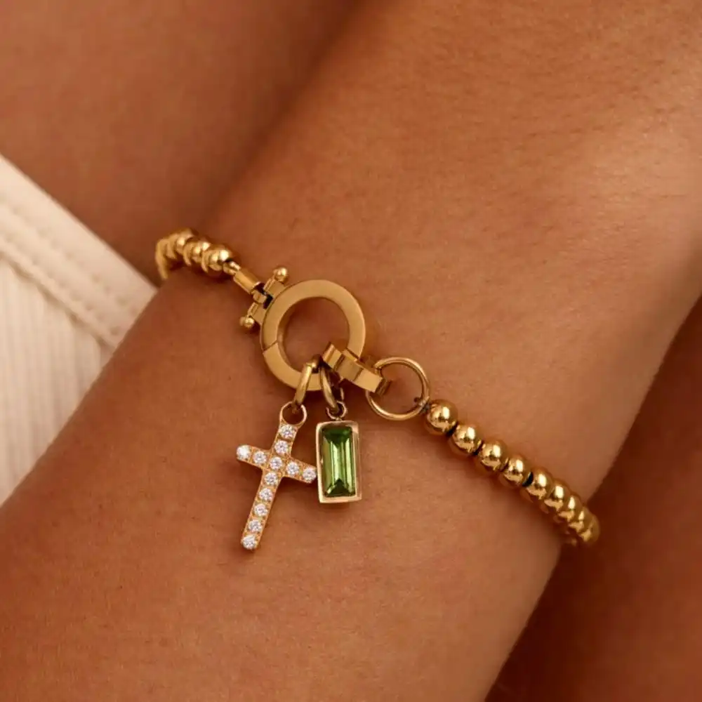 Vintage christlicher Schmuck Kreuz Geburtsstein Charm Armband 18K vergoldet Perlenkette Stretch-Armbänder für Frauen Mutter Geschenk Image