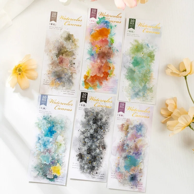 10 Stück Aquarell-Leinwand-Aufkleber mit Goldfolie, lange Streifen, Blotting-Aufkleber für Scrapbooking, Junk Journal, DIY, Basteln, Planer, Ästhetik Image