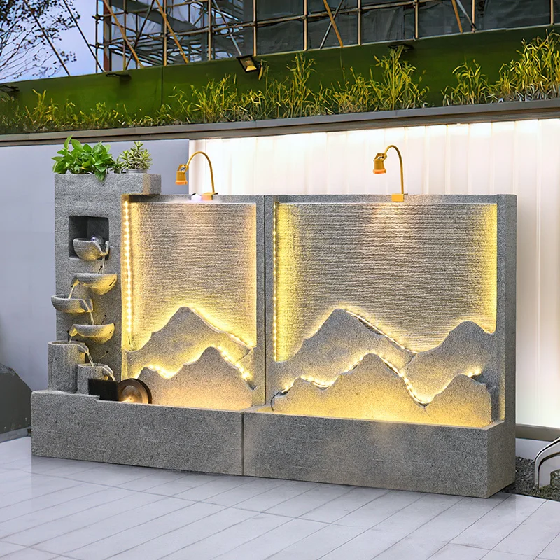 Neuer Garten-Außenbrunnen Wasserfall aus Zement Garten- und Eingangsbereich-Dekoration Luxuriöser Hofbrunnen Wandbrunnen
