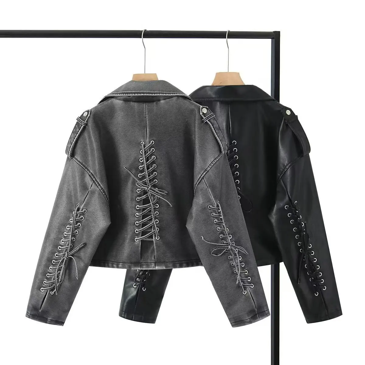Damenbekleidung Luxus Vintage Kunstlederjacke Trendige vielseitige Schnürung winddichter Mantel Herbst Winter Jacken Damen Tops Image