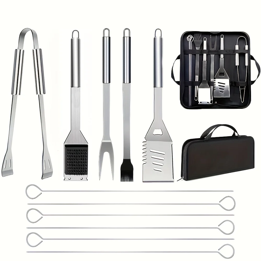 12-teiliges Grillzubehör-Set aus Edelstahl, Besteck-Servierbesteck-Set, tragbares praktisches Grillwerkzeug-Set mit Utensilien. Image