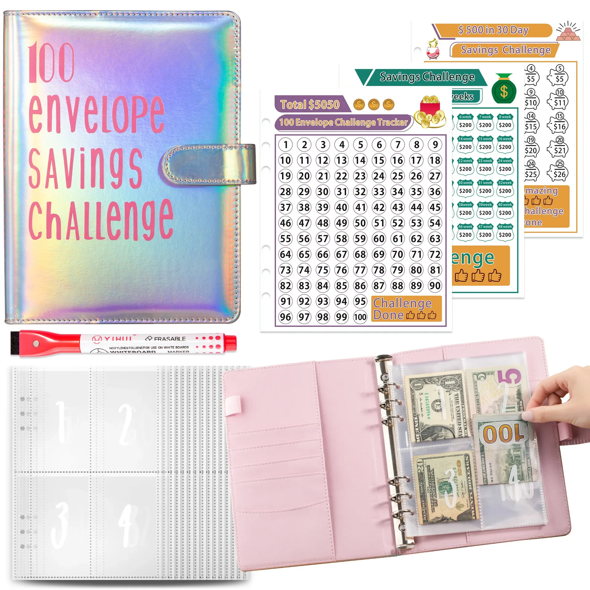 2026 Neu: 100-Umschlag-Spar-Challenge, Laser-A5-Ringbuch, Budget-Organizer mit Geldumschlägen, Finanzorganisationssystem Image