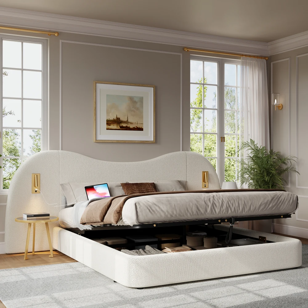 180*200cm modernes Polsterbett, Doppelbett, Bett mit hydraulischer Funktion, mit USB-Ladeanschluss und Leselampe, Bett mit Gitter