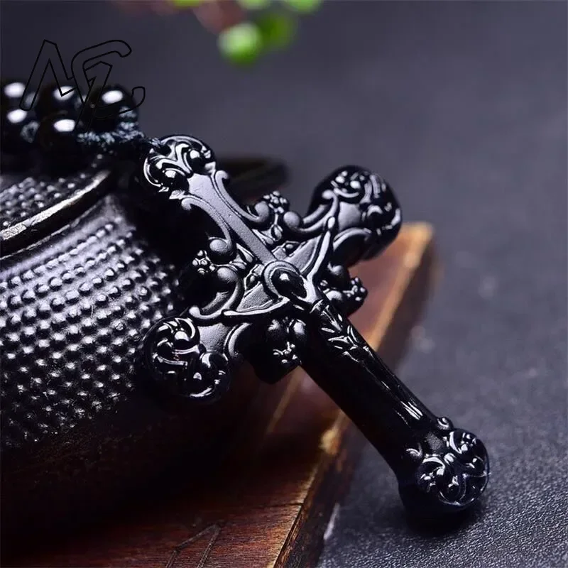 Natürlicher schwarzer Obsidian-Kreuz-Anhänger, Perlen, Halskette, Charm-Schmuck, Modeaccessoires, handgeschnitztes Jesus-Amulett, Geschenke Image