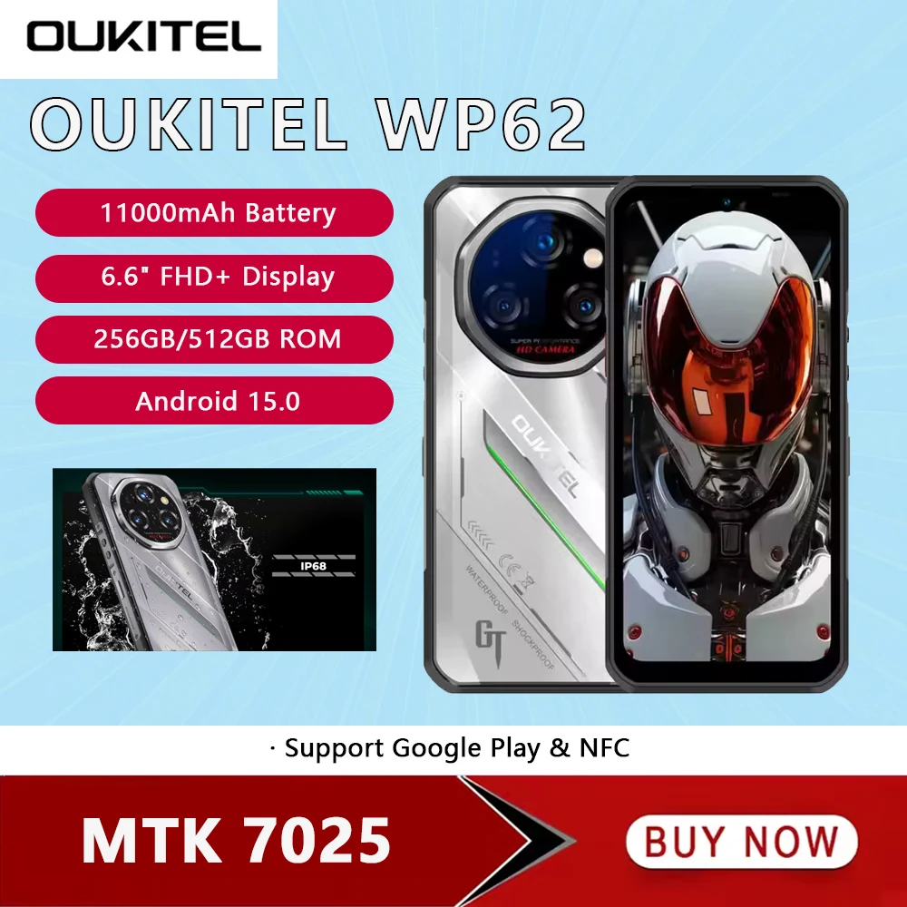 Oukitel WP62 11000 mAh Akku 5G Robustes Smartphone Android 15 256 GB/512 GB ROM 6,6 Zoll FHD+ Mobiltelefon 108 MP Kamera Handy NFC