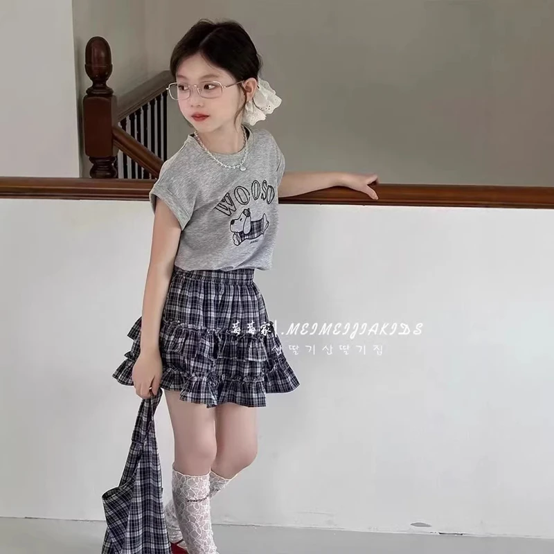 2-teiliges Sommer-Outfit für Kleinkinder, Mädchen, niedlicher Cartoon-Druck, kurzärmeliges T-Shirt, karierter Rüschenrock, Set für Kinder, Mädchen, lässige Alltagskleidung Image