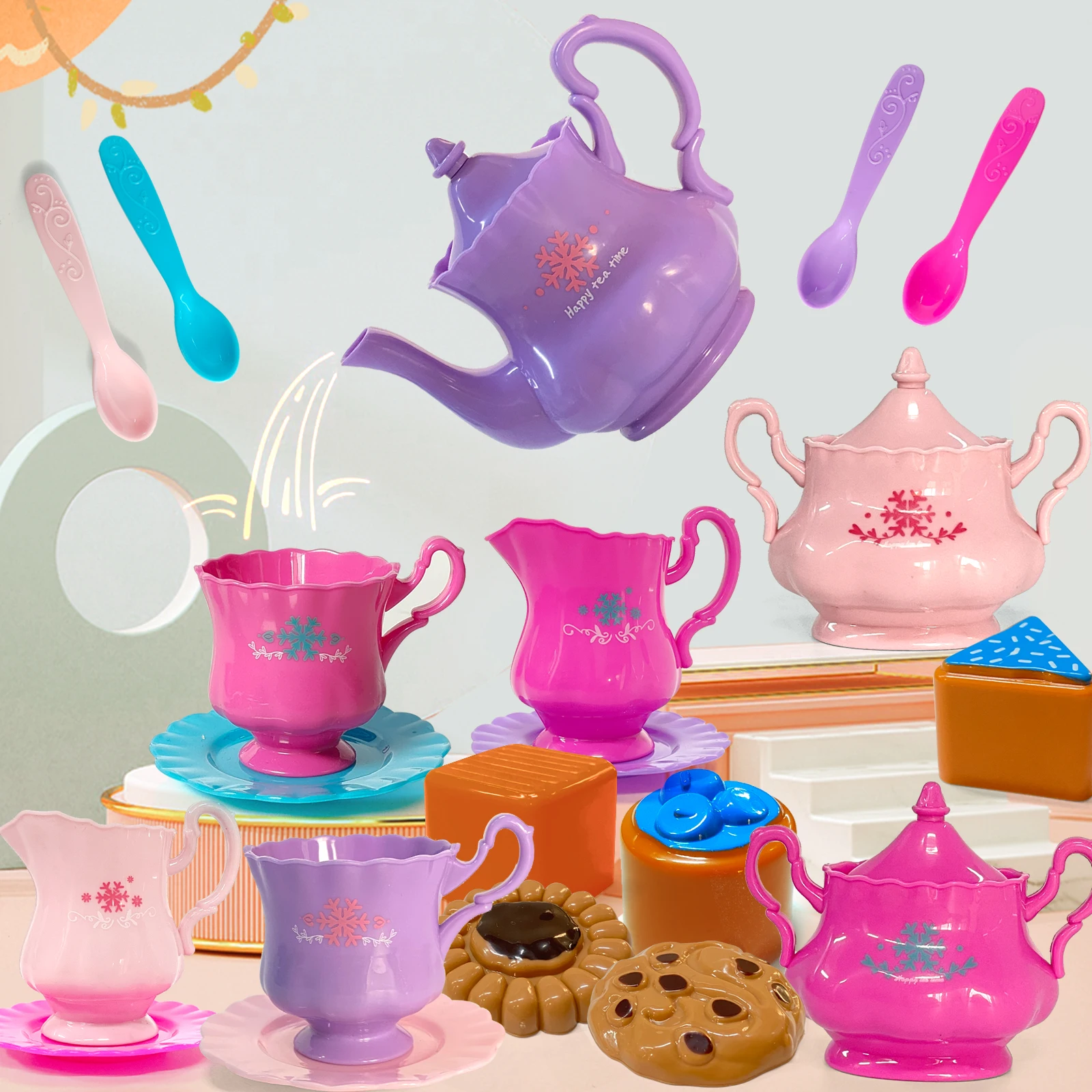 Teeservice für kleine Mädchen, Teeparty-Set, Teeservice für Kleinkinder, einschließlich Wasserkocher, Kekse, Kinderspielessen, Geschenke für Jungen und Mädchen Image