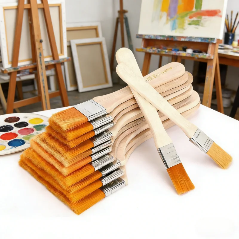 Gelbe Nylonborstenbürste, Ölgemälde-Nylonborstenbürste, Kunstmalbürste, Holz-Ölgemäldebürste, Plattenbürste Image