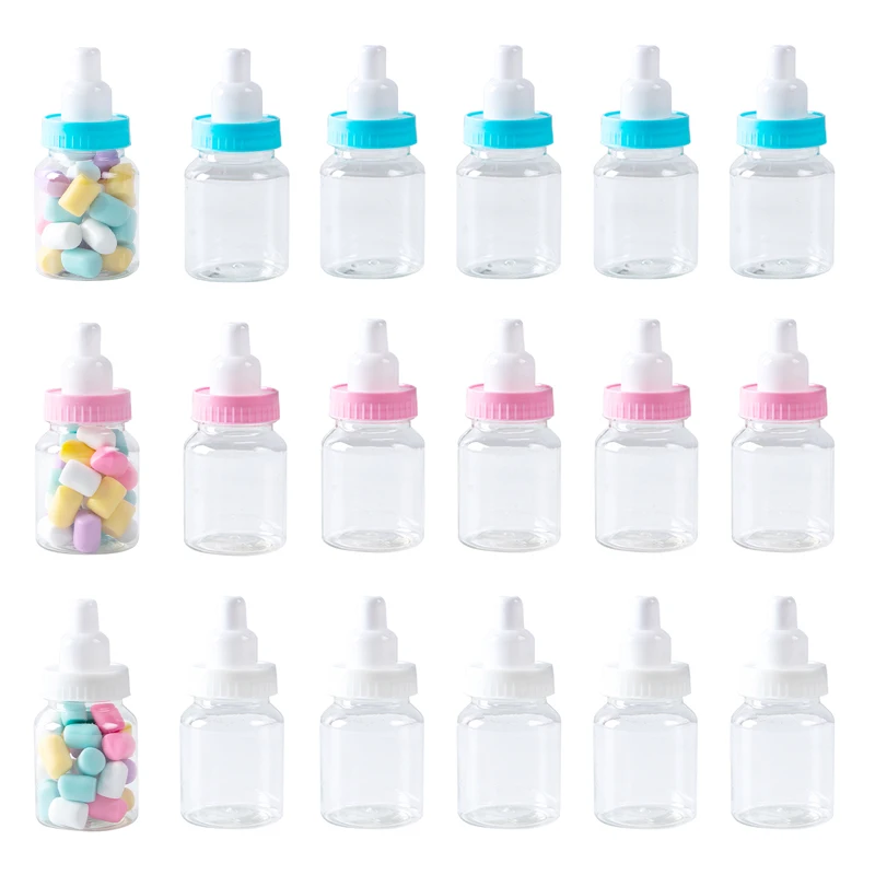 12 Stück Babyflaschen Mini Blau Rosa Weiß Kunststoff Süßigkeitenboxen Babyparty Gefälligkeiten Geschenke Jungen Mädchen Geschlecht offenbaren Partydekorationen Image