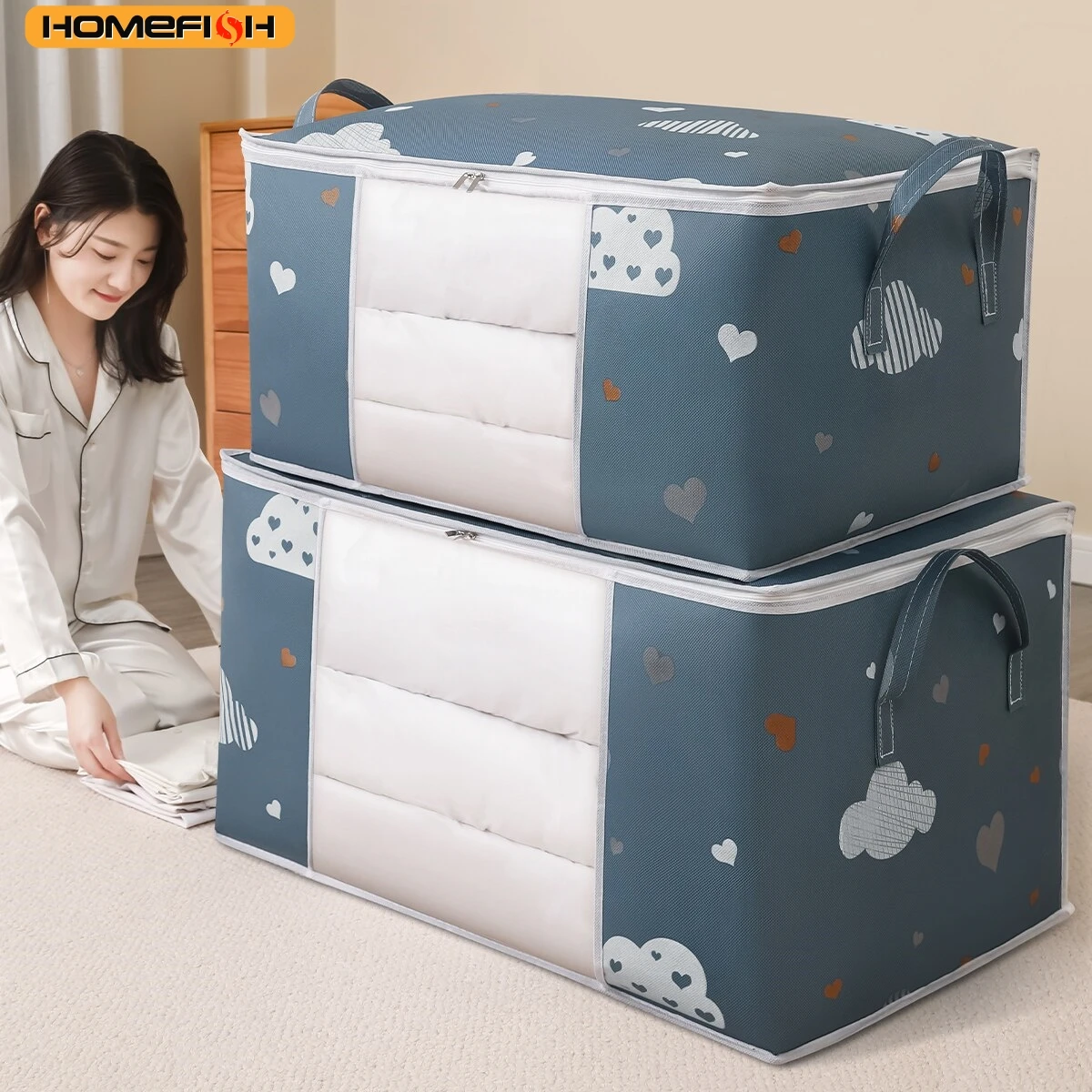 HOMEFISH Quilt-Aufbewahrungstasche, multifunktional, staubdicht, feuchtigkeitsbeständig, großvolumige Kleideraufbewahrungstasche, für den Umzug und die Organisation zu Hause Image