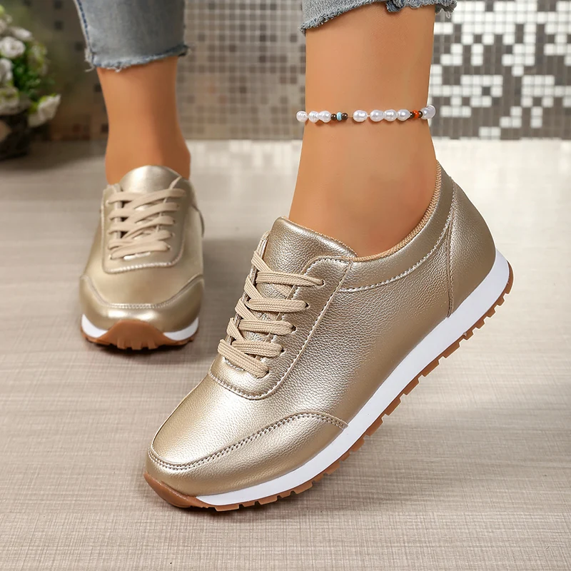 Mode Gold Silber Plattform Turnschuhe Frauen Frühling Herbst Lace Up Plus Größe Casual Turnschuhe Frau Komfort Nicht Slip Sport Schuhe