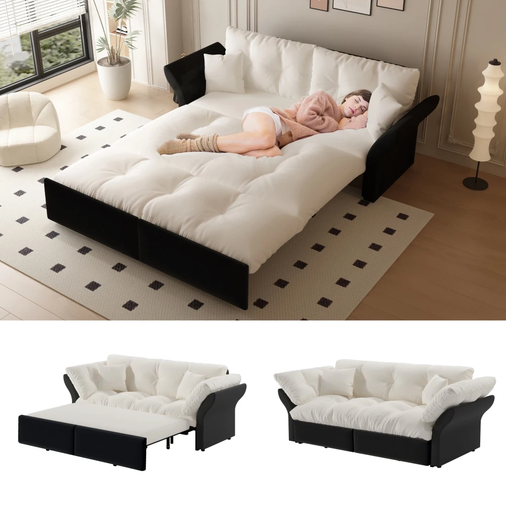 190cm Queen-Size Ausziehbares Sofa, 3-in-1 Konvertierbares Schlafsofa mit Tufting und 2 Weichen Kissen, Multifunktionales Samt-Schlafsofa
