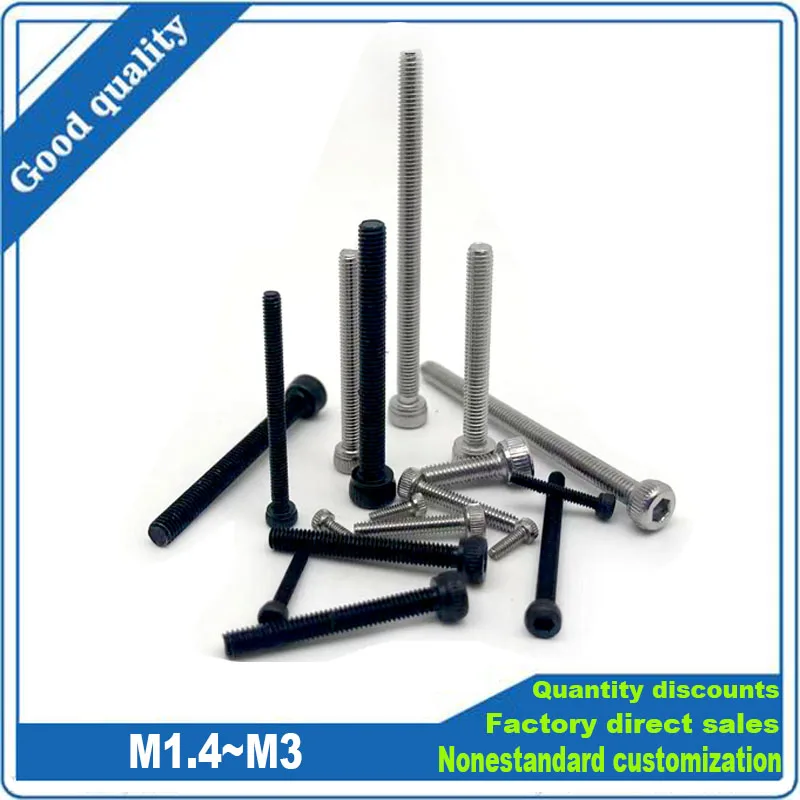 50 Stück M1,4 M1,6 M2 M2,5 M3 304 A2 Edelstahl Schwarz 12,9 Stahl DIN912 Sechskant Innensechskantschraube Innensechskantschraube L = 2–30 mm Image