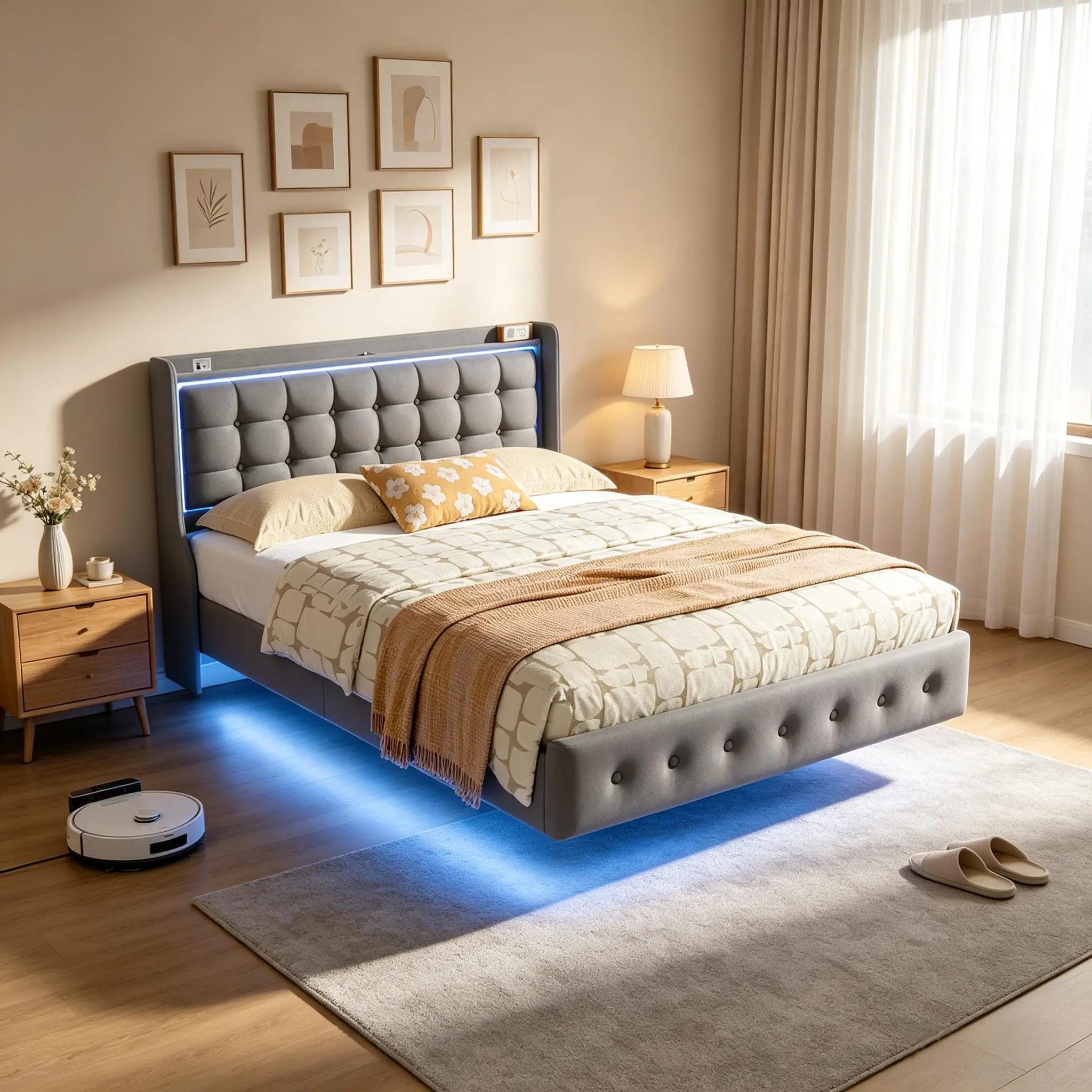 Polsterbett 140x200 cm Schwebebett, Bett mit LED Beleuchtung und USB, Modern Doppelbett Bettgestell mit Lattenrost, Schwebender visueller Effekt, Samt, Weiß, Ohne Matratze, Dunkelgrau