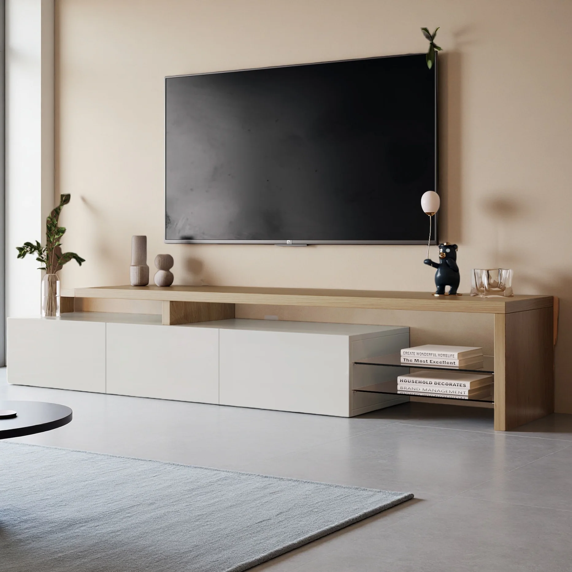 Rosahqnda TV-Schrank mit LED-Beleuchtung, TV-Lowboard, Sideboard für Wohnzimmer, 2 Glasabtrennungen, 3 Schubladen, Weiß/Schwarz Hochglanz