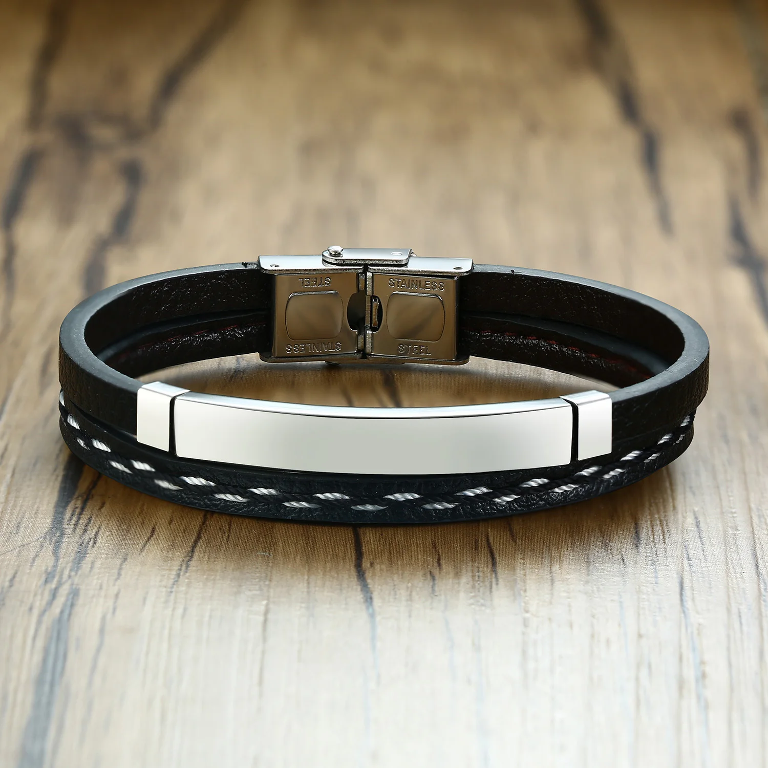Echtes Leder Armbänder Für Männer Frauen Geschenke Edelstahl Bar Layered Armreif Kausalen Schmuck Zubehör Dekor Image