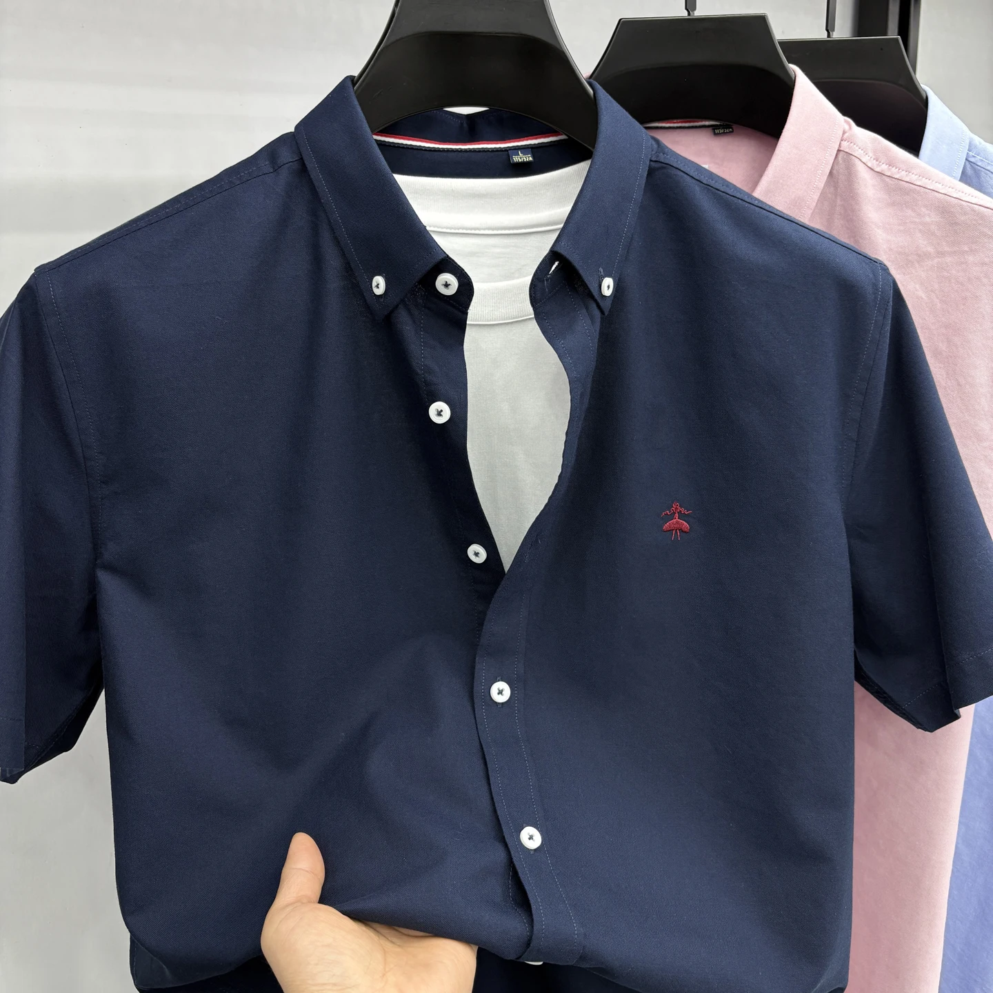 Sommer Kurzarm-Hemd für Herren Slim Fit Halbarm Bügelfrei Oxford-Spinnstoff Grau-Blau Kariert Business Casual Hemd