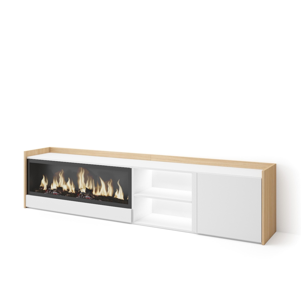 SKRAUT HOME TV-Schrank, Lowboard, 212x50x35 cm, Für TV-Geräte bis zu 80", Elektrokamin XXL, LED, Weiß und Eiche Soft Image