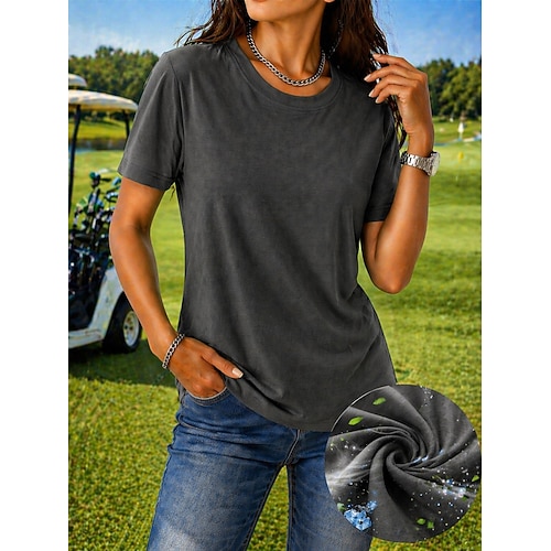 Damen-T-Shirt, feuchtigkeitsableitend, aus Seide, stilvoll, klassisch, Kurzarm, Rundhalsausschnitt, normale Passform, lässig, Strand, Sport, Schwarz, Weiß, Rosa, Rot, Marineblau, Sommer, Frühling Image