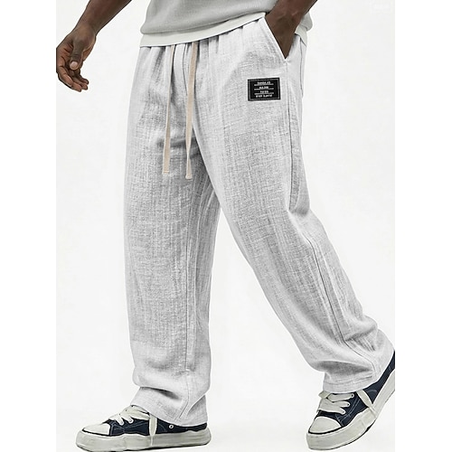 Herren Leinenhosen Hose Sommerhose Baggy-Hosen Kordelzug Elastischer Bund Gerader Schnitt Einfach Leicht Bequem Volle Länge Lässig Täglich Outdoor Mode Streetwear Blau Schwarz Unelastisch Image